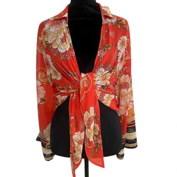 Floral Red, Orange Vacation-Ready Orange Floral Blouse, front tie, bell sleeve - Picture 8 of 8